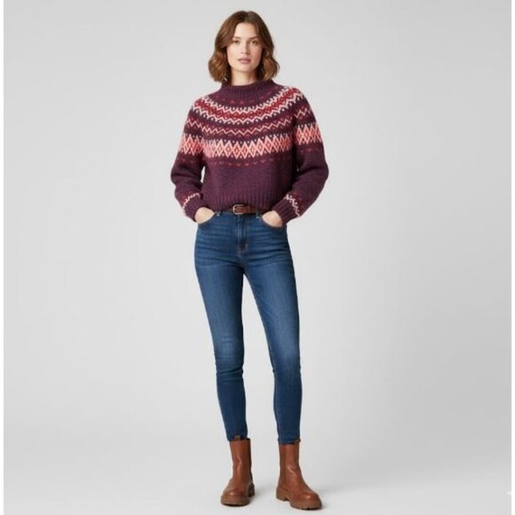 J.Crew Chunky Knit Nordic Fairisle Crop wool Alpaca In Plum Purple & Pink M - Picture 1 of 11